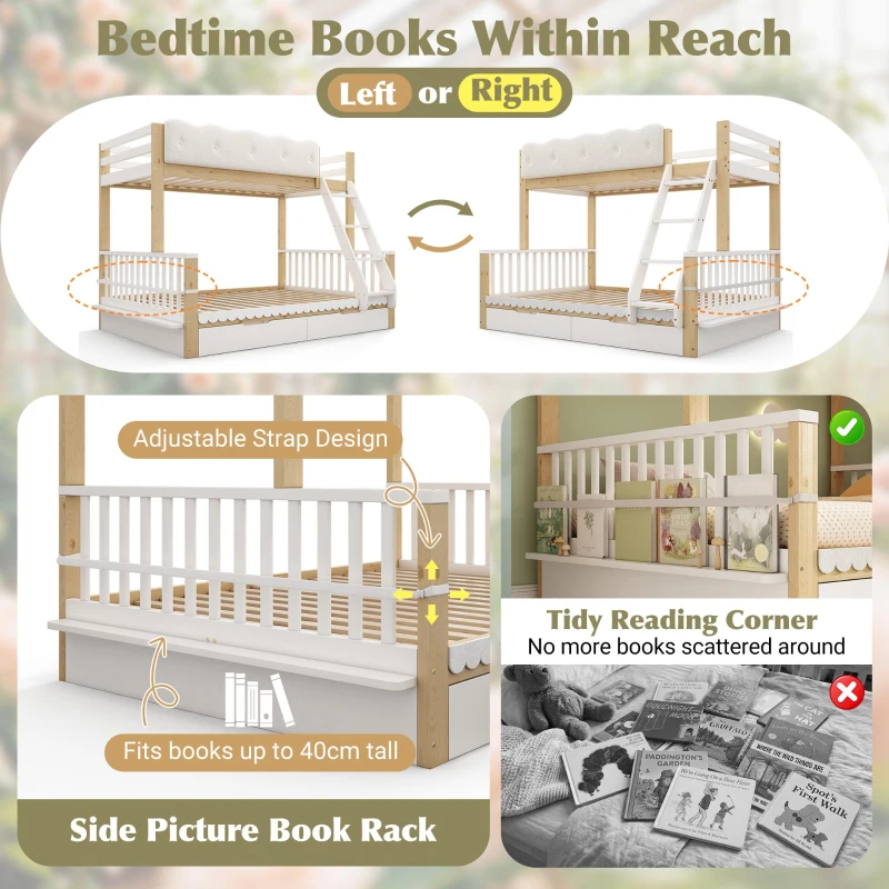 Playful Wooden Bunk Bed Frame with Storage Drawers, Solid Pine Twin Over Full Sleeper Bed for Kids Room, 195L x 140W x 154H cm, Natural+White