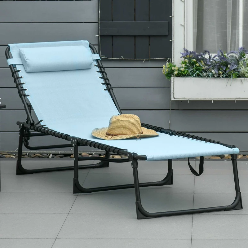 Outsunny Espreguiçadeira Dobrável com Apoio de Cabeça Reclinável 4 Posições e Estrutura em Aço 189x58x30 cm Azul Claro