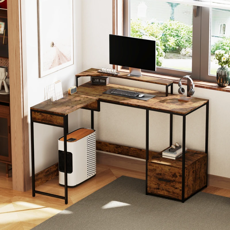 HOMCOM Industrial 'L' Shaped Multi-Work Desk - Brown