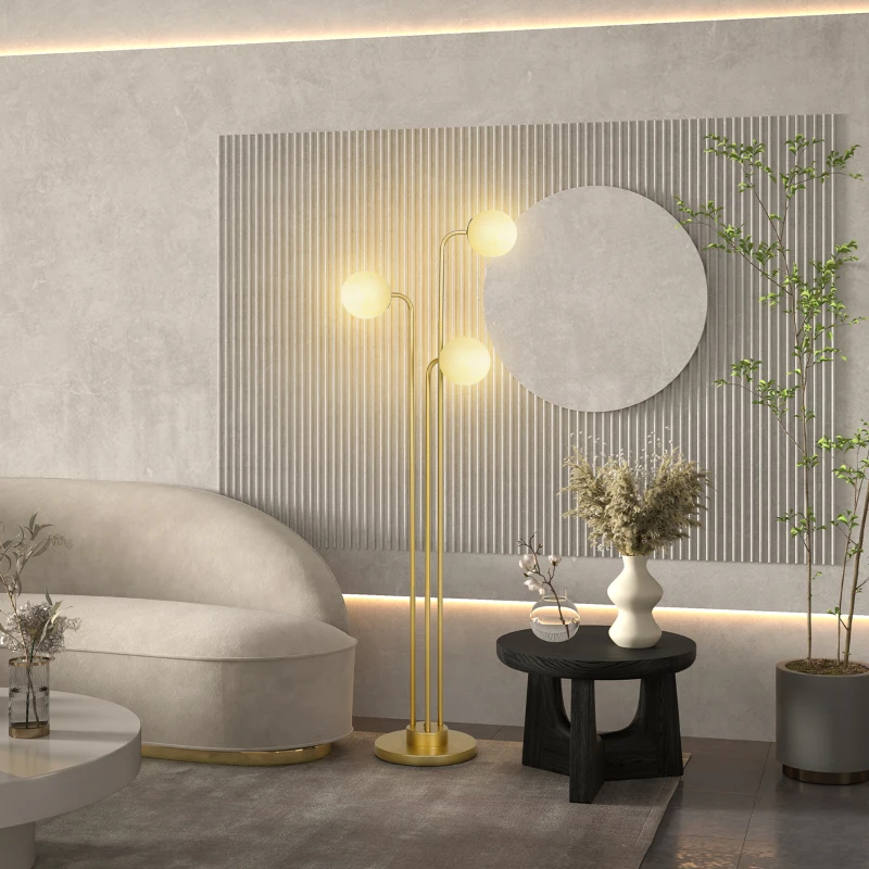 HOMCOM Moderne Stehlampe mit 3 Lampenschirmen, mit Fußschalter, für Wohnzimmer, Schlafzimmer, 3 x E27-Fassung, Goldton