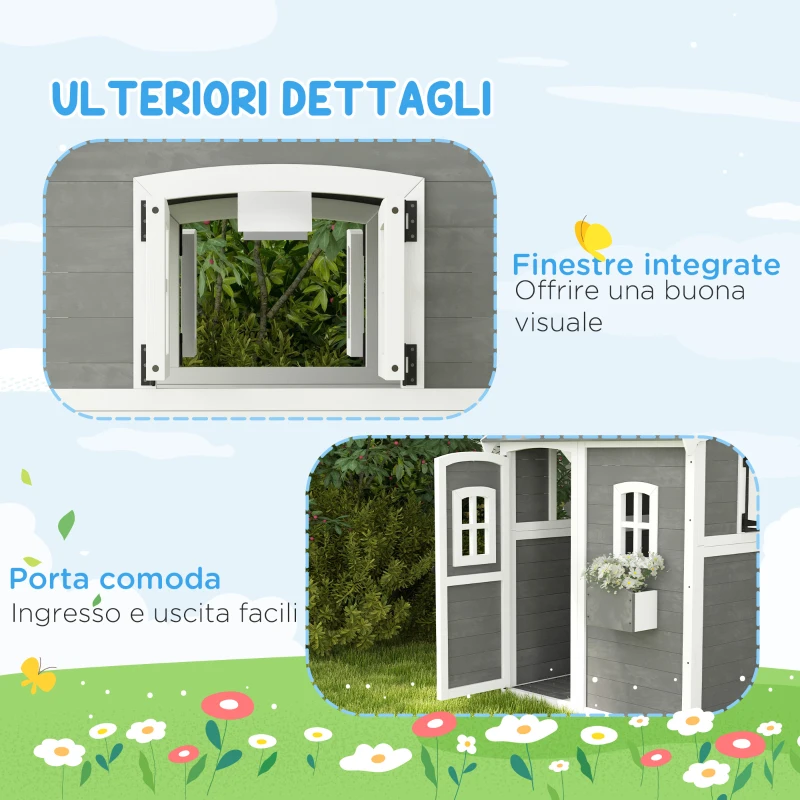 Outsunny Casetta per Bambini 3-8 Anni con 6 Finestre e Fioriera, in Legno di Abete, 104.5x110x137 cm, Grigia