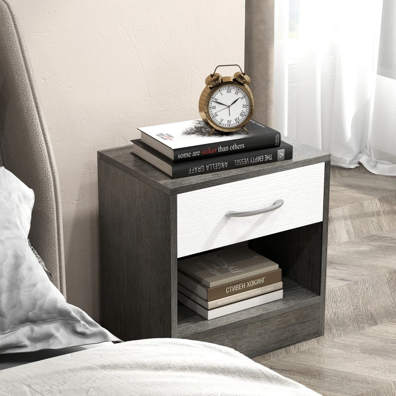 HOMCOM Comodino Moderno con Ripiano Aperto e Cassetto, in Legno, 39x28x41 cm, Bianco e Grigio Scuro