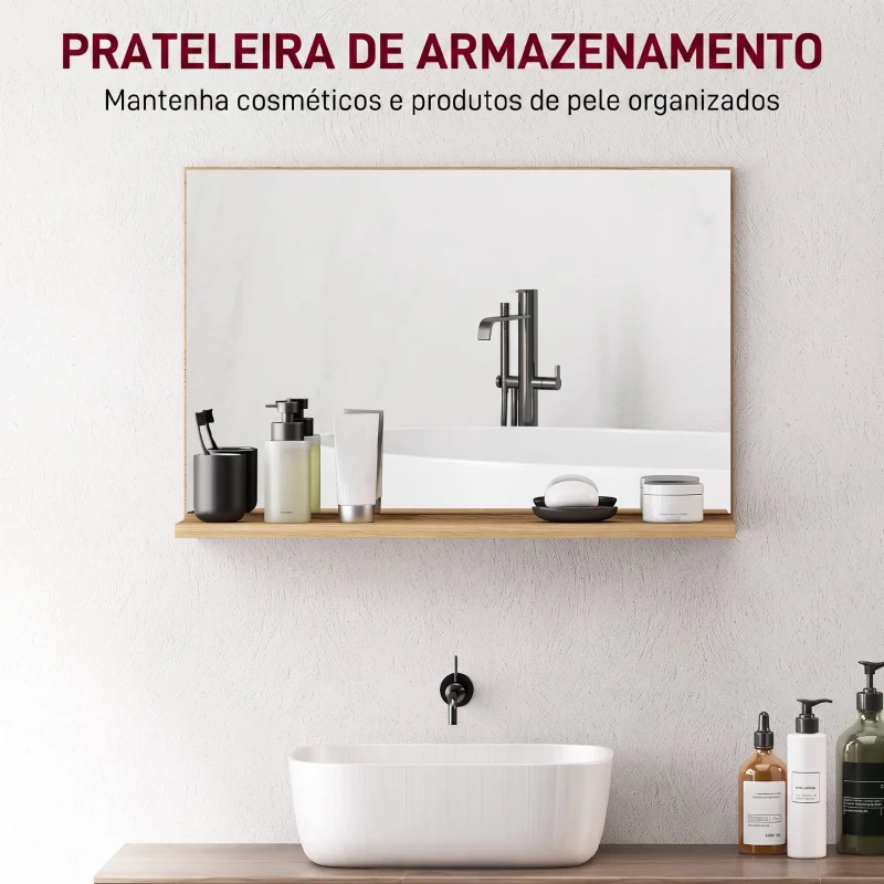 Kleankin Espelho de Casa de Banho de Parede com Prateleira Aberta Estilo Moderno para Hall de Entrada e Corredor 60x12x40 cm Madeira Natural