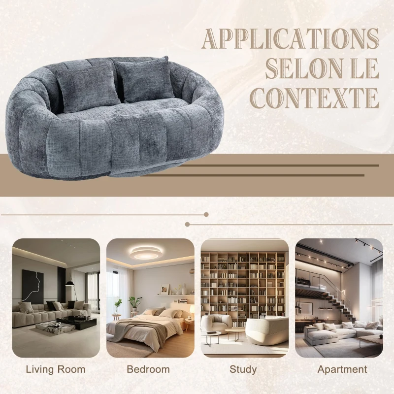 Cozy Oversized Bean Bag Sofa with 2 Matching Pillows, Soft 2-Seat Sectional Couch for Living Room and Bedroom, 145L x 95W x 63H cm, Grey