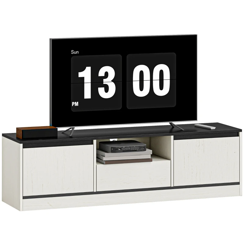 HOMCOM Meuble TV pour Télévision jusqu'à 60" avec 2 Armoires, 1 Étagère Ouverte, 1 Tiroir, Moderne, 140x35x40cm, Noir et Blanc