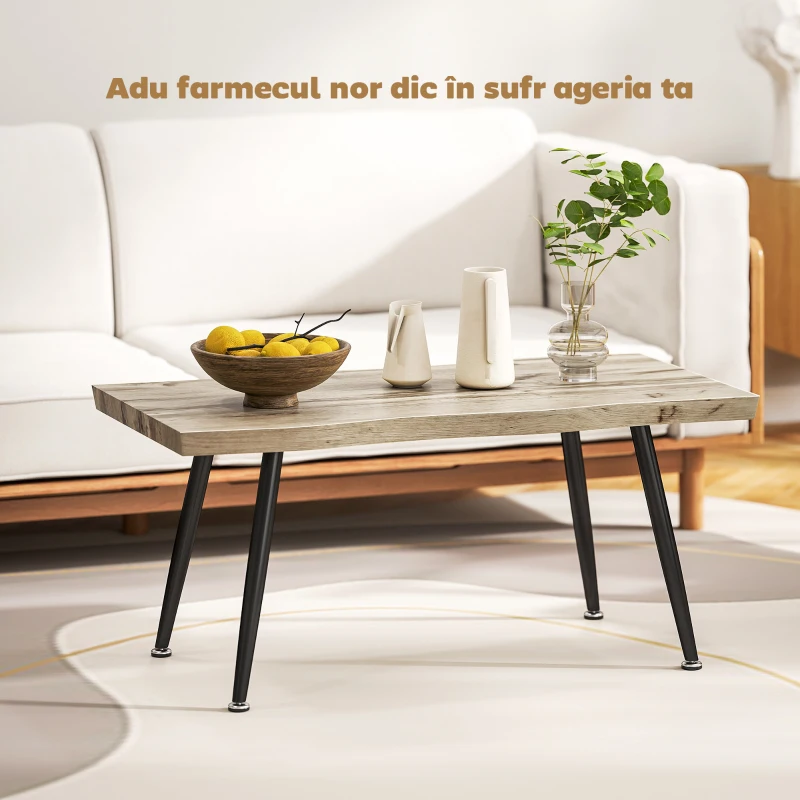 HOMCOM Masă de cafea stil nordic cu picioare reglabile, din lemn și oțel, 100x50x45 cm, negru și stejar