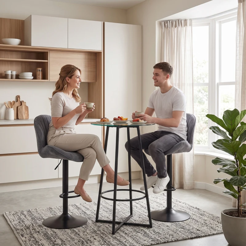 HOMCOM Lote de 2 Taburetes de Bar Regulables 62-83 cm Giratorios 360° con Respaldo y Reposapiés Gris