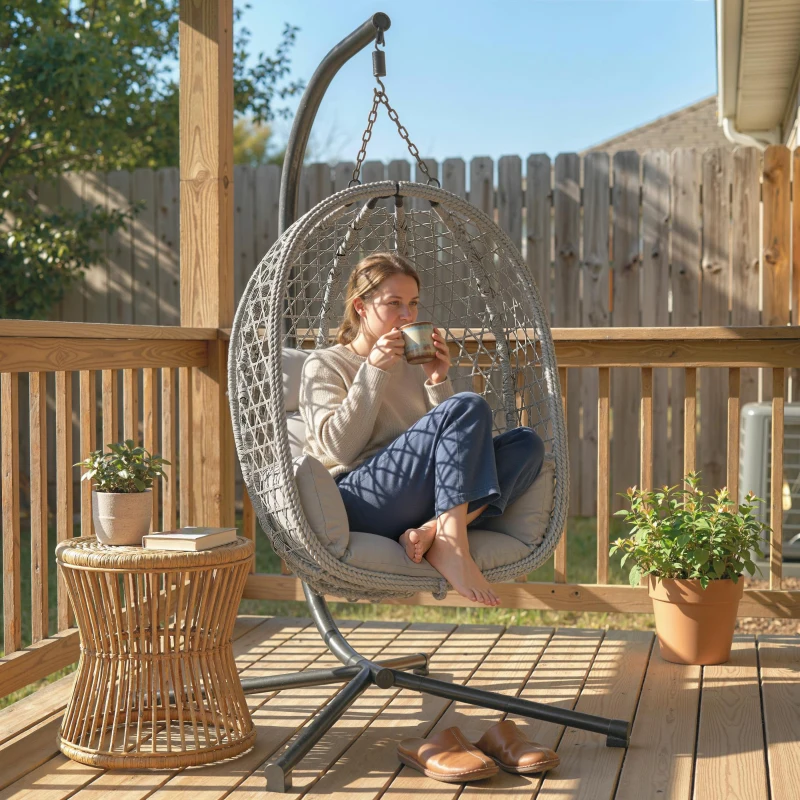 Outsunny Hanging Egg Chair, Indoor Outdoor Rattan Hammock Swing Chair with Stand, Safety Strap, Foldable Basket, Light Grey