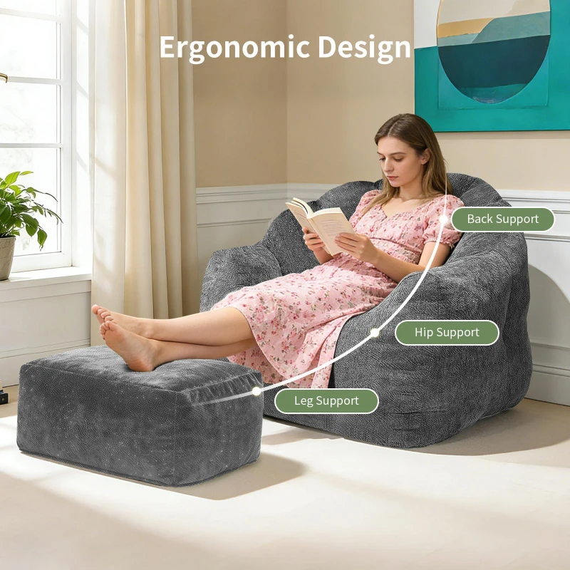 Oversized Bean Bag Chair with Full-Body Segmented Support, Ergonomic Lounger for Gaming, Reading or Napping, 86.5L x 99W x 64.5H cm, Grey