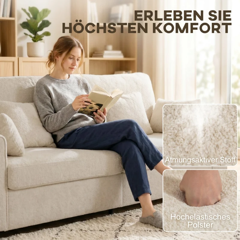 HOMCOM Beiges 3-Sitzer-Sofa mit Raindrop-Samtbezug, tiefem Sitz, Federkissen, breiten Armlehnen und 4 Kissen