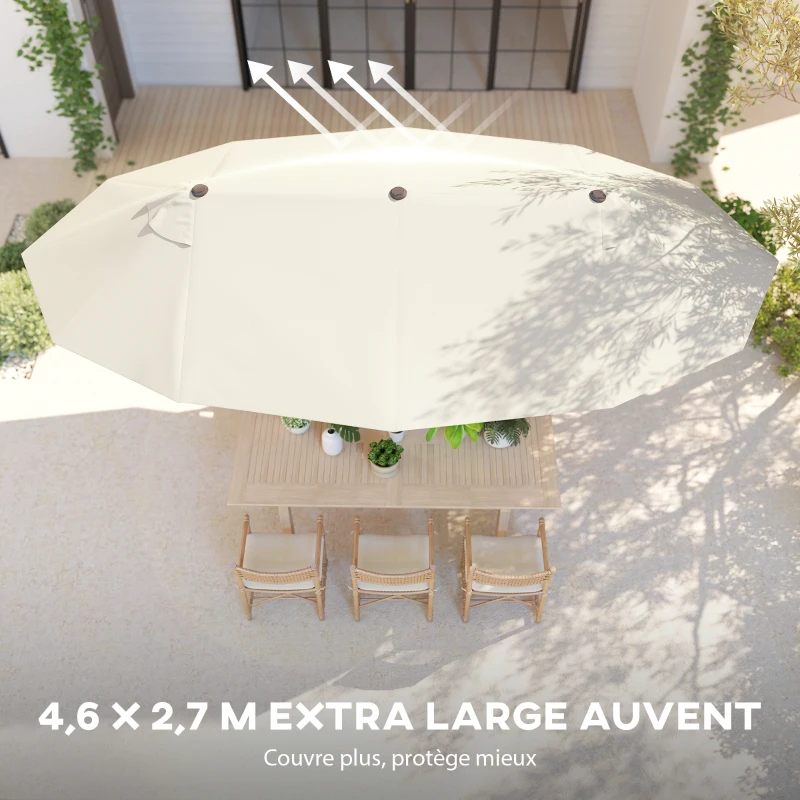 Outsunny Grande Parasol de Jardin Exterieur 4,6 x 2,7 m avec Pied en Croix, Parasol Double avec Manivelle, pour Terrasse, Crème