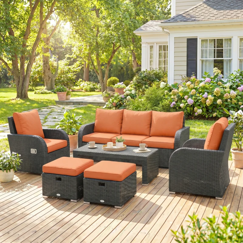 Outsunny Six-piece Outdoor Rattan Dining Set, Outdoor Sofa Set with Reclining Armchairs and Mental Frame, Orange