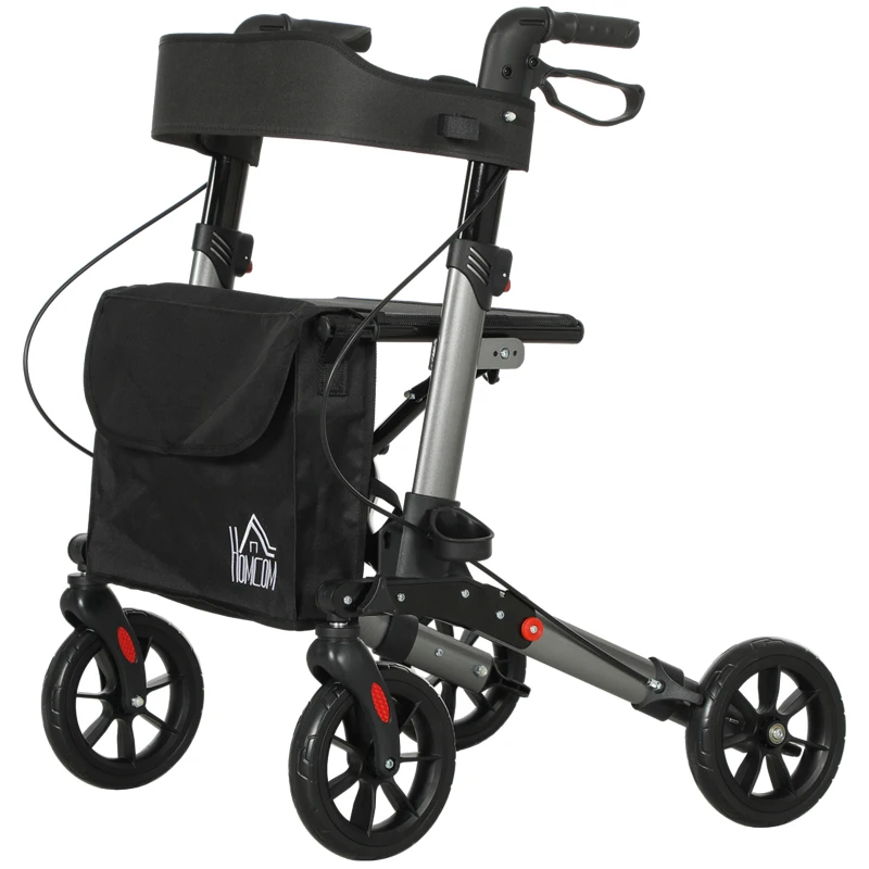 HOMCOM Rollator Walker with Seat, Compact Quick Folding Mobility Walker with 8" Wheels, Carry Bag, Adjustable Height, Cane Holder and Lightweight Aluminium Frame for Seniors and Disabled, Silver