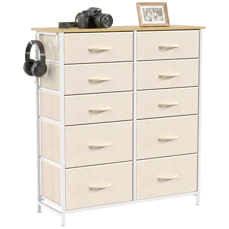 HOMCOM Chest of Drawers, Dresser with 8 Fabric Drawers, Tall Storage Unit with 4 Pockets and 2 Hooks Steel Frame, Beige