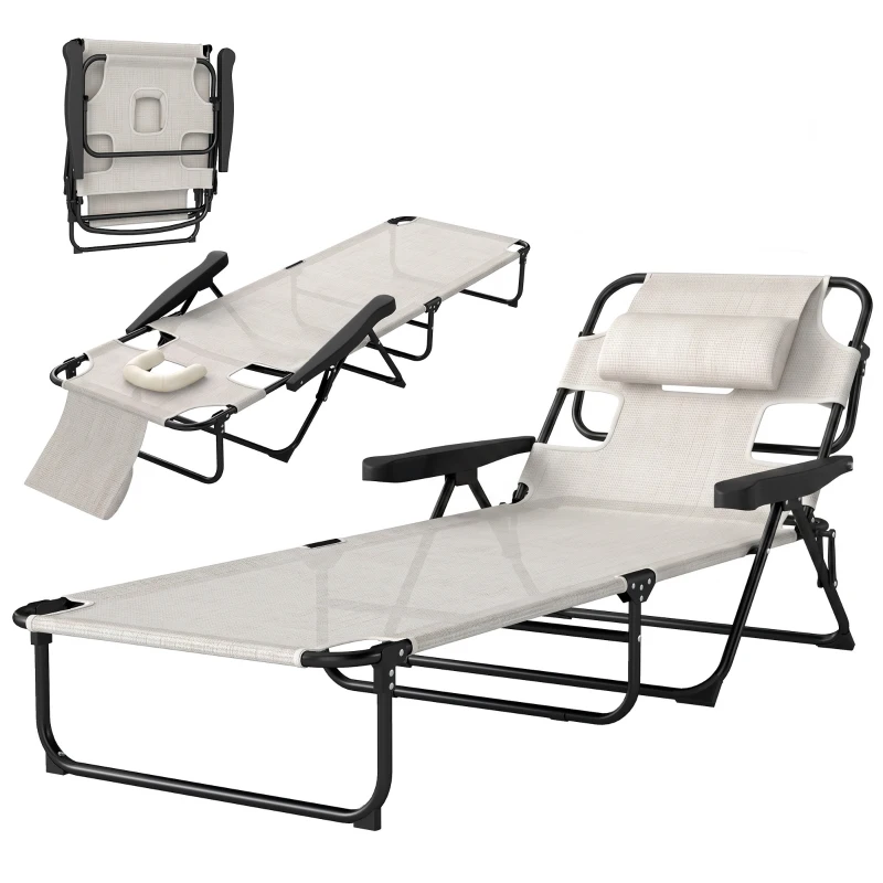 Outsunny Chaise longue de jardin pliante dossier réglable sur 4 niveaux, trou de lecture et appui-tête 72 x 194 x 89 cm crème