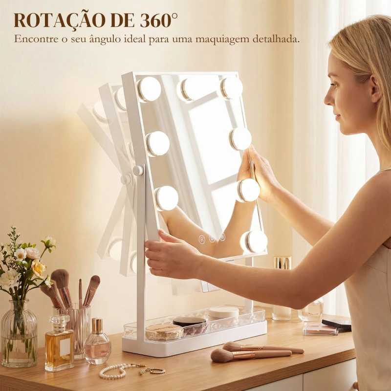 HOMCOM Espelho de Maquilhagem com Luz 9 Lâmpadas LED 3 Cores Interruptor Tátil Suporte para Telemóvel Branco