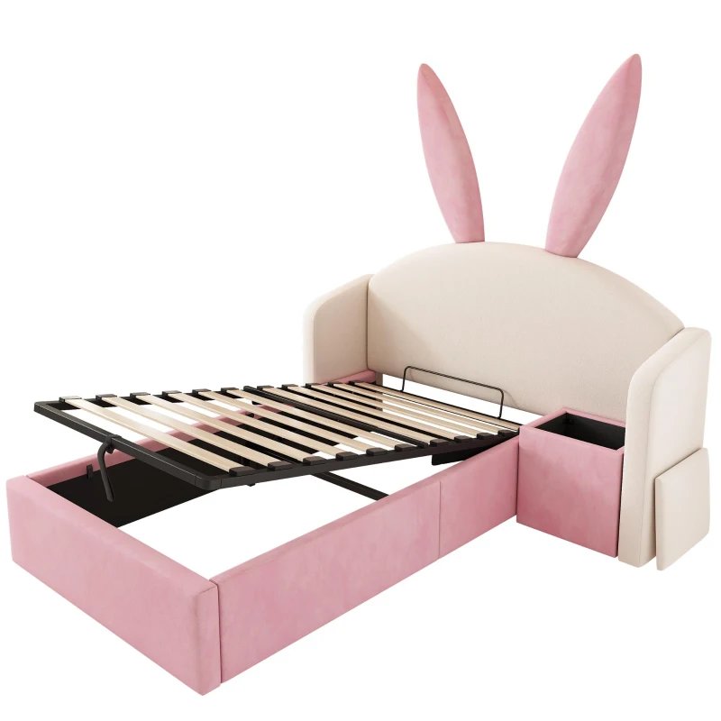 Bunny Ears Children's Bed with Hydraulic Storage, Adorable Bed for Girls Bedrooms, 206L x 149W x 143H cm, Beige+Pink