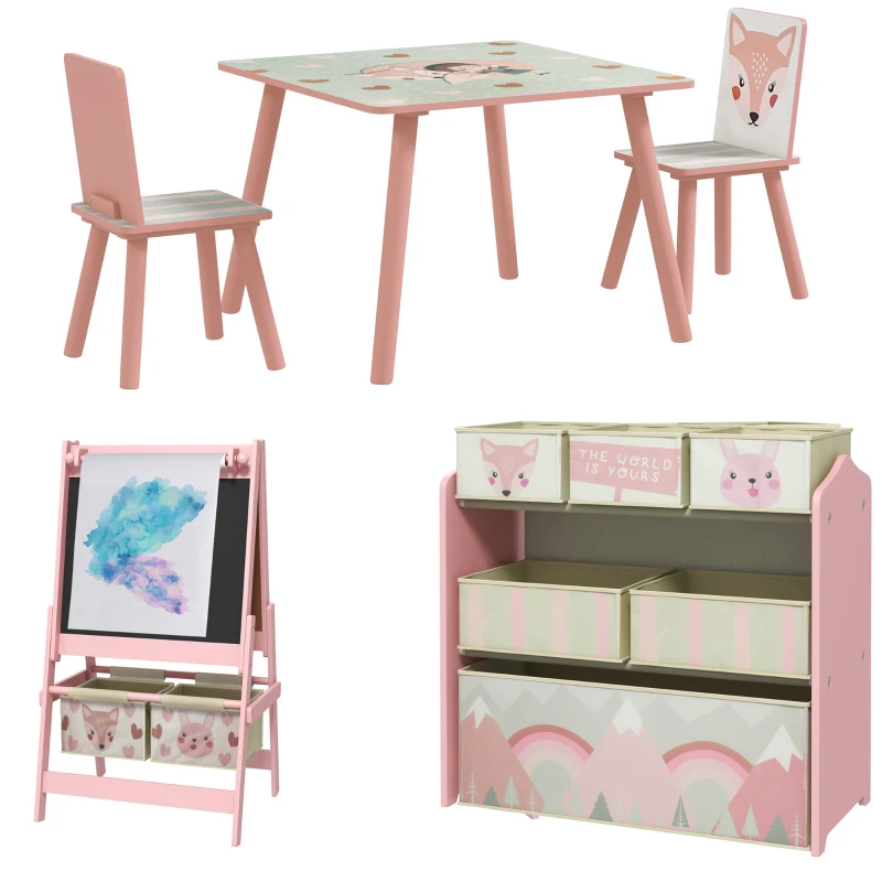 Table et 2 chaises pour enfants + tableau chevalet double-face + meuble à jouets de rangement à 6 boîtes, rose