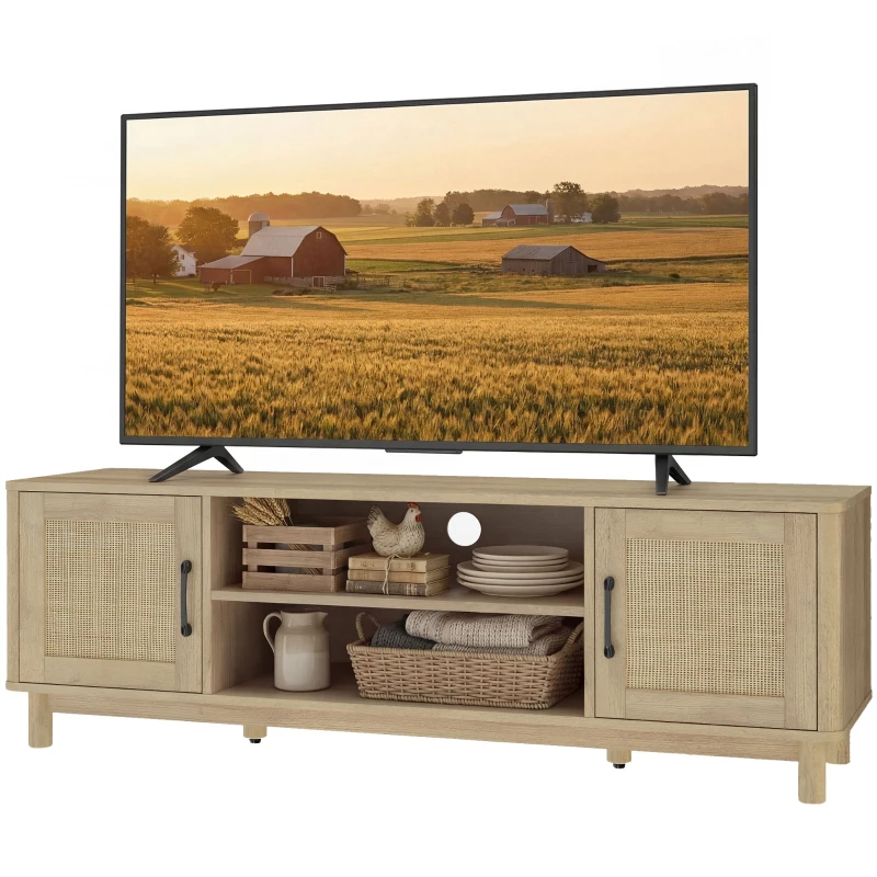 HOMCOM Meuble TV 135 cm, meuble télé pour téléviseur jusqu'à 65 pouces avec 2 portes en rotin, 2 compartiments ouverts, chêne