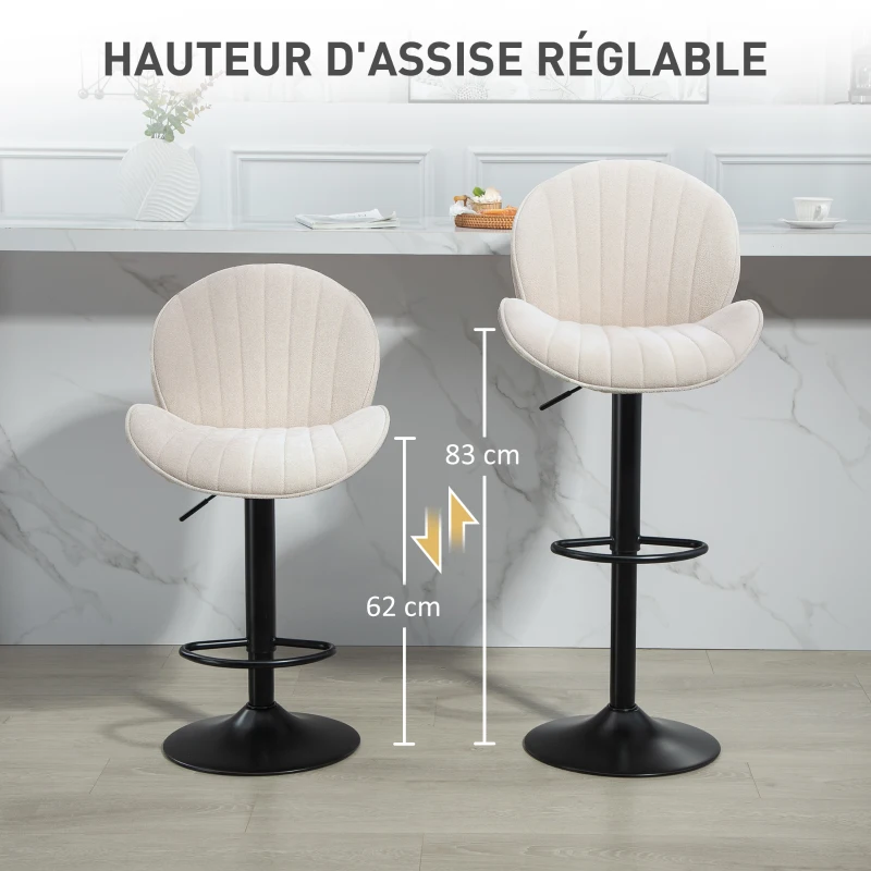 HOMCOM Lot de 2 tabourets de bar forme de coquillage, dossier, hauteur réglable et repose-pieds, cadre en acier, beige