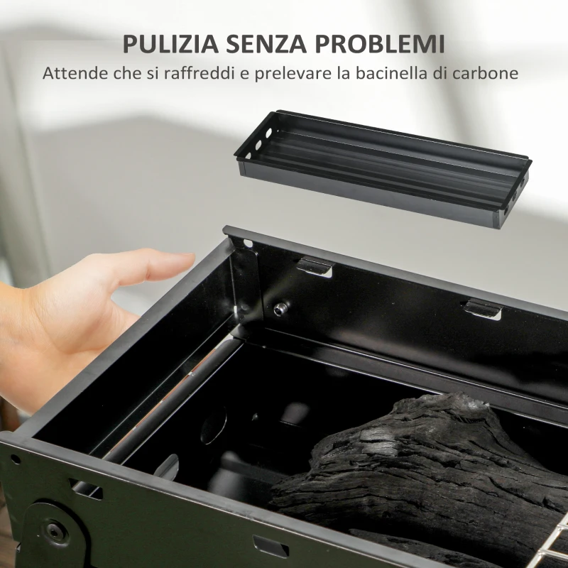 Outsunny Barbecue a Carbonella Portatile con Gambe Pieghevoli e Vassoio Estraibile, 74x20x38cm, Nero