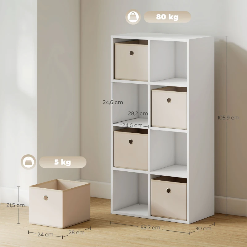HOMCOM Estante Cubo Estante de Armazenamento Horizontal ou Vertical com 8 Compartimentos e 4 Gavetas de Tecido 53,7x30x79,8 cm Branco e Bege