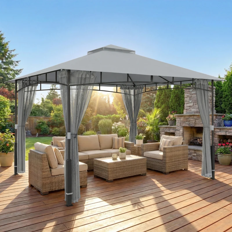 Outsunny Carpa para Jardim com Telhado Duplo Gazebo com Paredes de Rede UPF50+ para Exterior Terraço 360x300x275 cm Cinzento