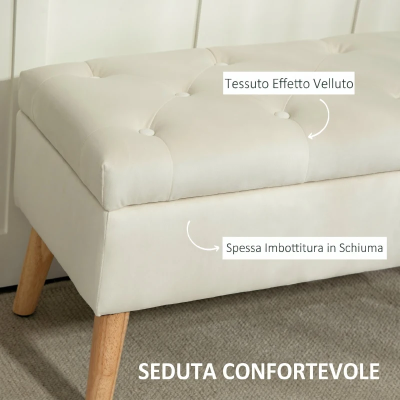 HOMCOM Cassapanca Pouf Contenitore Poggiapiedi 80x35x42 cm in Velluto, Gambe in Legno di Caucciù, Crema