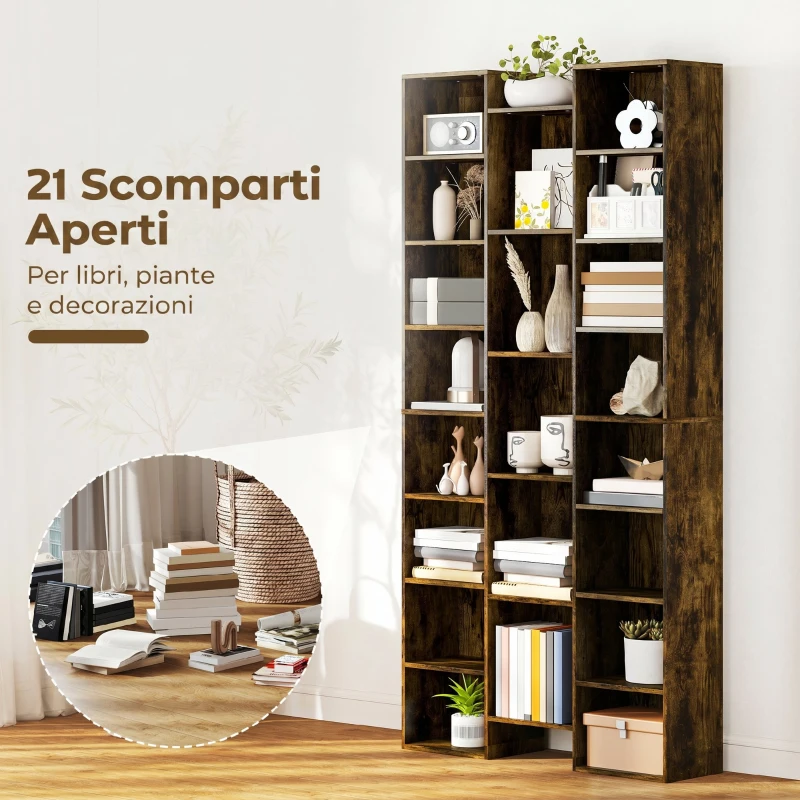 HOMCOM Libreria Moderna in Legno Alta 181 cm con 21 Scomparti e 10 Ripiani Regolabili, Marrone Rustico