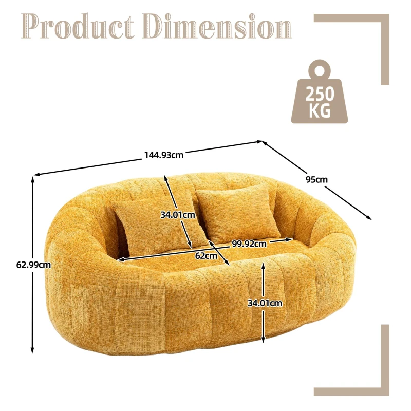 Cozy Oversized Bean Bag Sofa with 2 Matching Pillows, Soft 2-Seat Sectional Couch for Living Room and Bedroom, 145L x 95W x 63H cm, Yellow