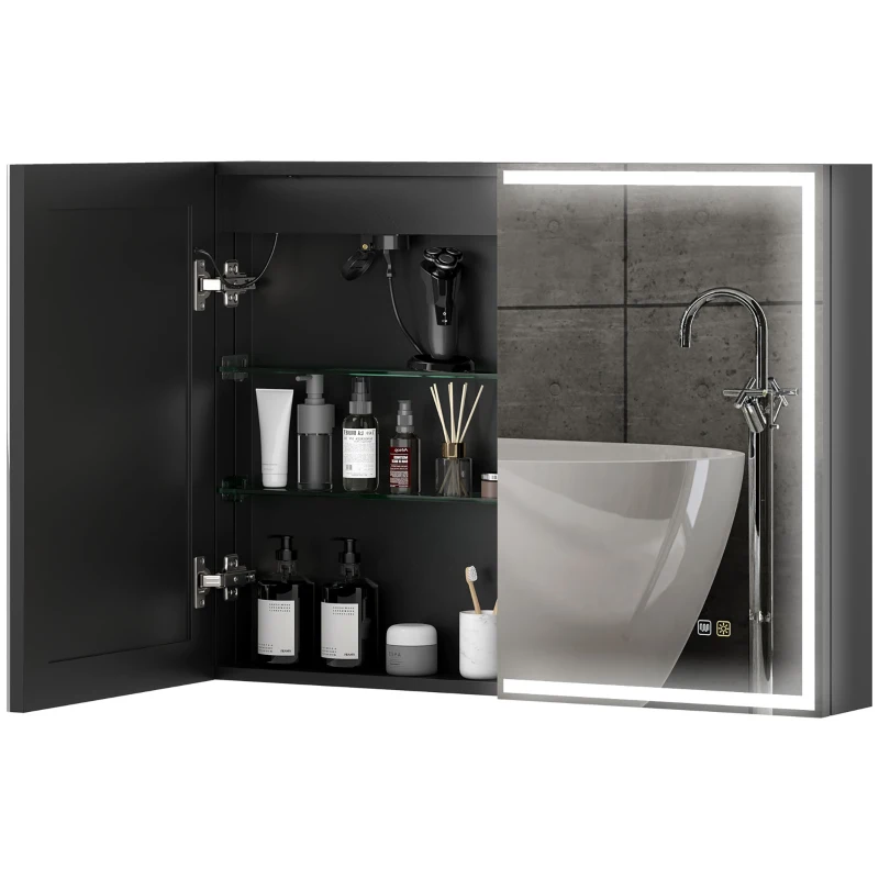 HOMCOM Badezimmerspiegel mit Schrank, LED-Lichtern, Steckdose, 600 x 800 mm, Anti-Beschlag-Pad, 3 Farbtemperaturen, Schwarz