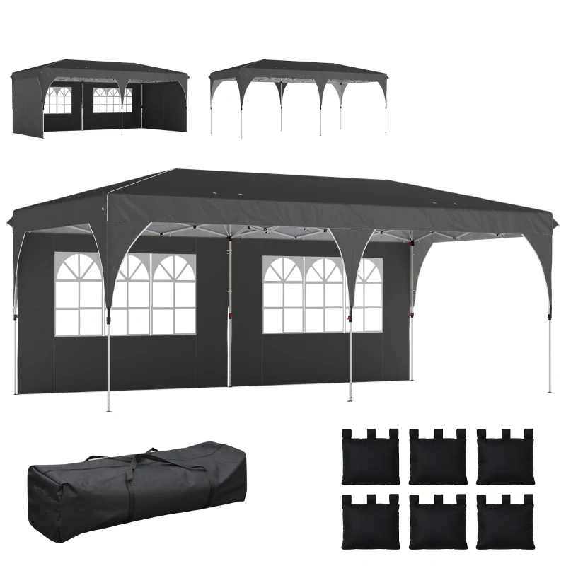 Outsunny Tenda Dobrável 6x3 m Pop-up com 4 Laterais Amovíveis Tenda de Jardim com Faixas Refletoras Altura Ajustável UPF50+ Cinzento