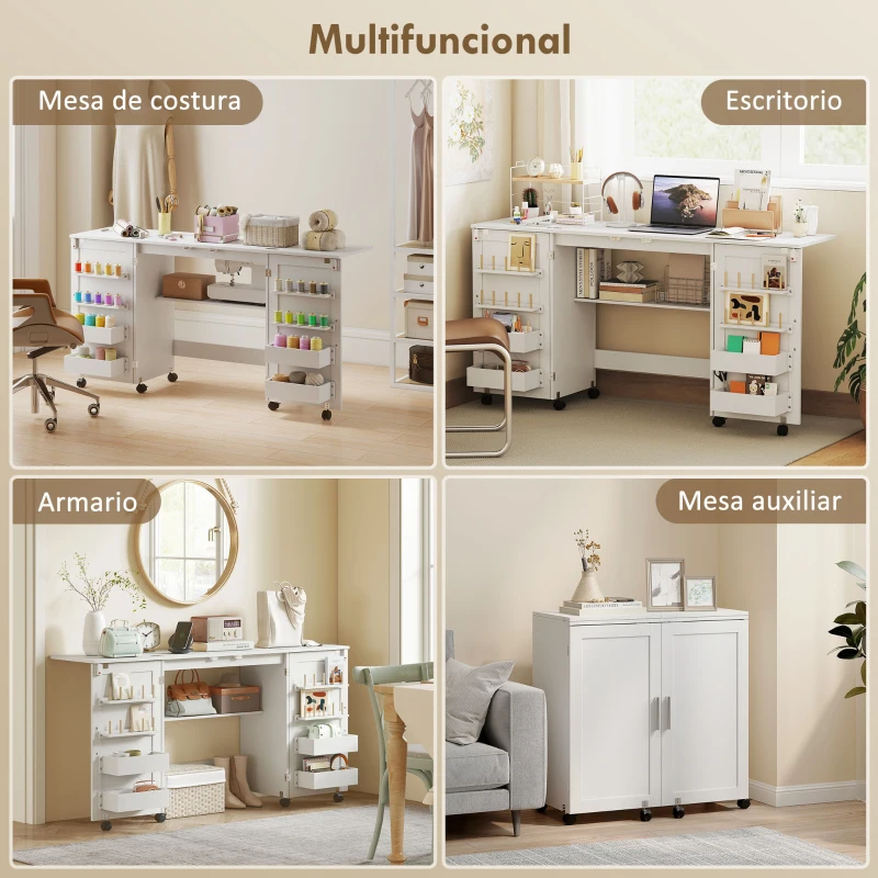 HOMCOM Mesa de Costura Plegable con 6 Ruedas 20 Clavijas para Hilos 4 Compartimentos Estante Blanco