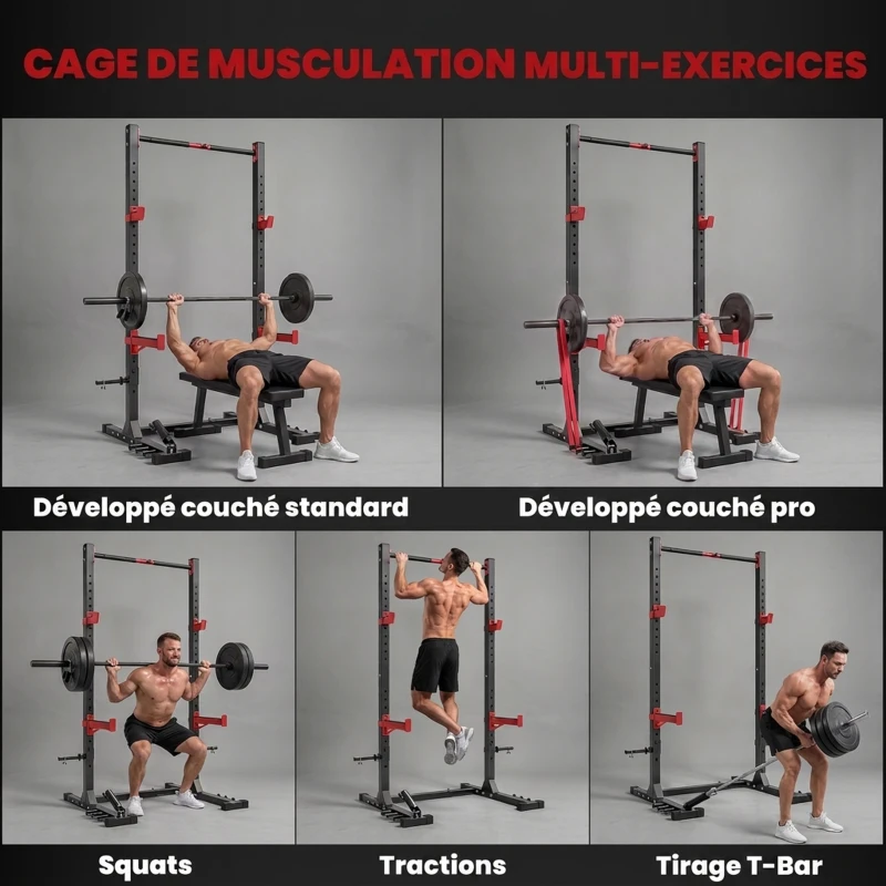 SPORTNOW Power Tower Multifonction Charge 500 kg Largeur Réglable, Barre de Traction, Rack de Squat, 176x106x212cm, Rouge