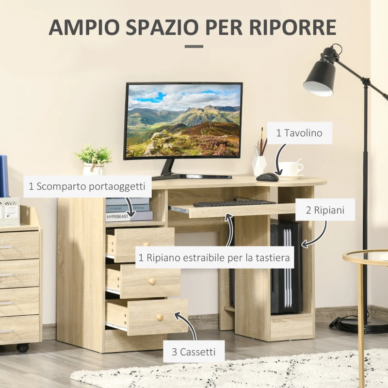 HOMCOM Scrivania da PC per Ufficio con Scaffali, Cassetti e Ripiano Testiera in Legno, 125x60x74cm
