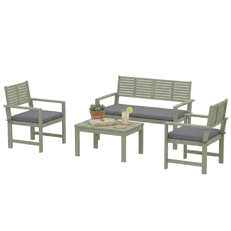 Outsunny 4 Seater Wooden Garden Furniture Set with Loveseat, Armchairs, Table, Acacia Wood Garden Sofa Set, Light Grey