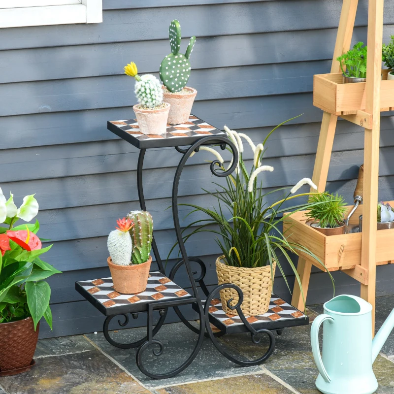 Outsunny Porte plante fer forgé mosaïque - étagère de pots de fleurs - dim. 61L x 24l x 59H cm - métal époxy céramique