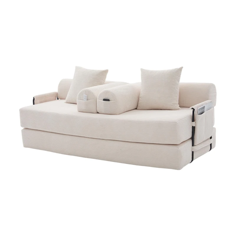 Cozy Compressible Folding Sofa with Detachable Metal Frame, Soft Modular Sectional Couch for Small Apartment, 110L x 33W x 33H cm, Beige