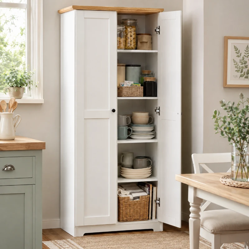 HOMCOM 172cm Kitchen Cupboard, Freestanding Storage Cabinet with Doors and Shelves, Modern 2-Door Kitchen Pantry Cupboard for Dining Room, White