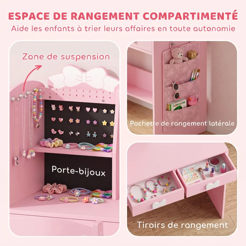 AIYAPLAY Coiffeuse pour Enfants avec Tabouret et Miroir Lumineux à 2 Couleurs en Acrylique, Coiffeuse Bureau Fille 3-8 Ans, Rose