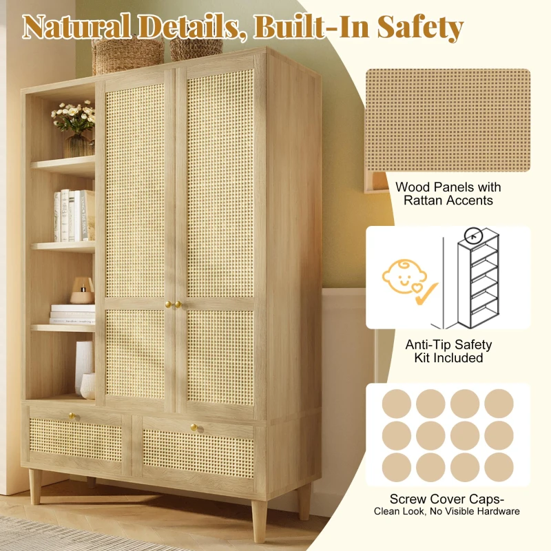 Rustic Oak Rattan Wardrobe with Clothes Rail and 2 Drawers, Wooden Armoire Closet Cabinet for Bedroom, 120L x 50W x 180H cm, Oak