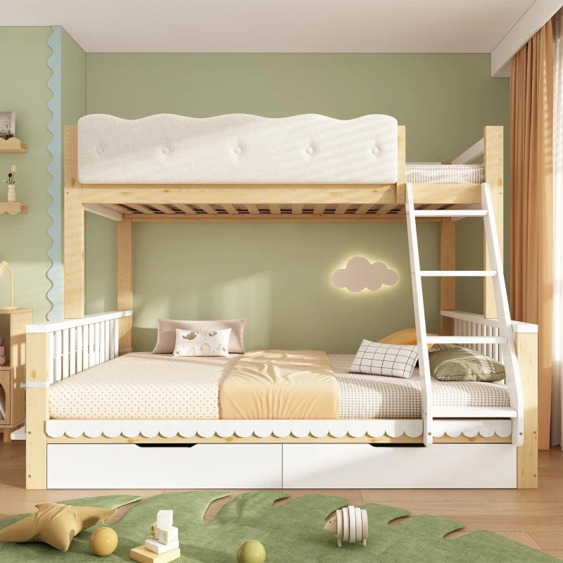 Playful Wooden Bunk Bed Frame with Storage Drawers, Solid Pine Twin Over Full Sleeper Bed for Kids Room, 195L x 140W x 154H cm, Natural+White