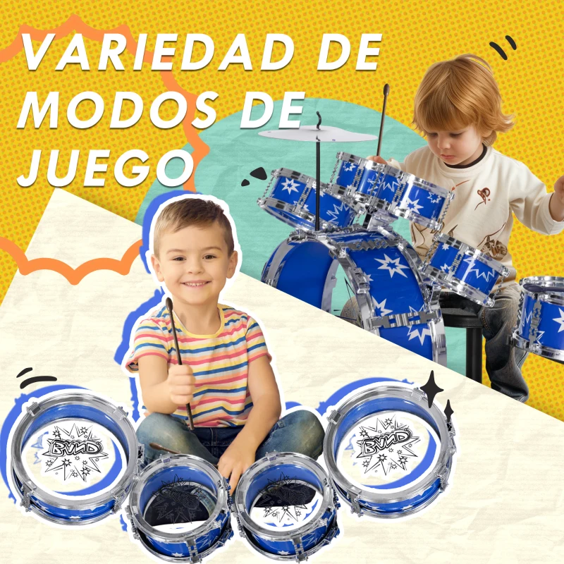 AIYAPLAY Batería para Niños de +3 Años con Tambores Bombo Platillo Pedal y Baquetas Diseño con Tema de Estrellas 65x22x57 cm Azul