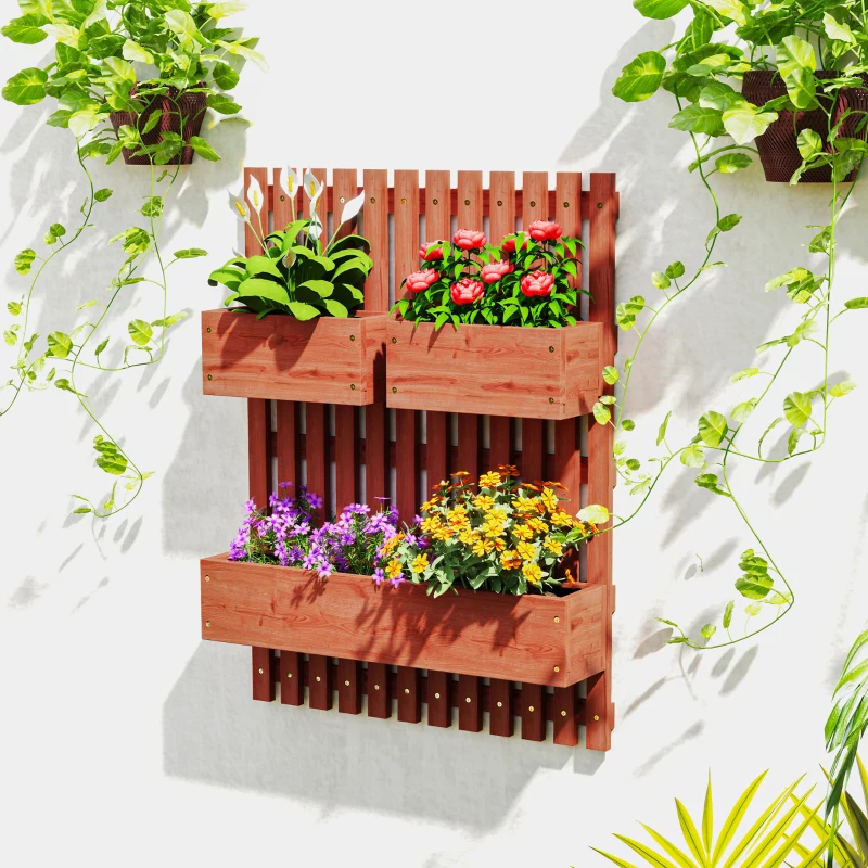 Outsunny Floreira de Parede com Treliça Floreira Vertical de Madeira com 4 Vasos Móveis e Orifício de Drenagem  60x16x80 cm Castanho