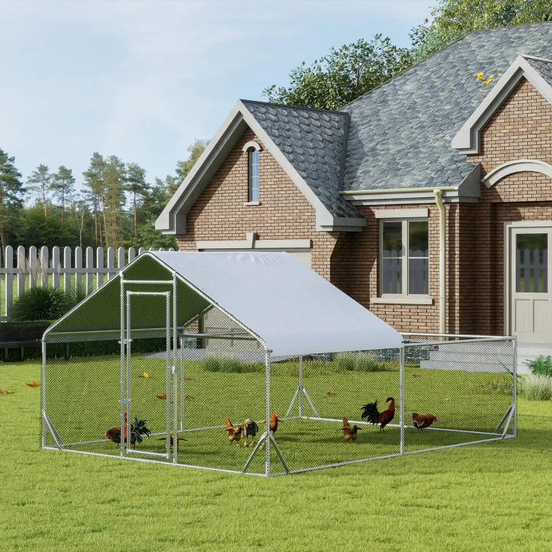 PawHut Enclos poulailler chenil volière extérieur 12 m² - parc grillagé dim. 4L x 3l x 2H m - espace couvert - acier galvanisé