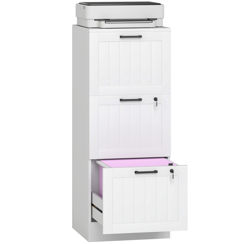 HOMCOM Caisson bureau, meuble rangement bois 3 tiroirs et serrure, barres de suspension réglables, 40 x 40 x 101 cm, blanc
