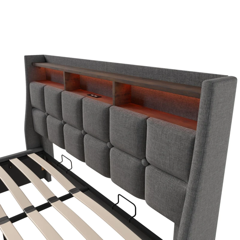 Vintage-Look King Bed with LED Lighting, Stylish Bed Frame with Gas-Lift Under-Bed Storage Space, 210L x 185W x 117H cm, Grey