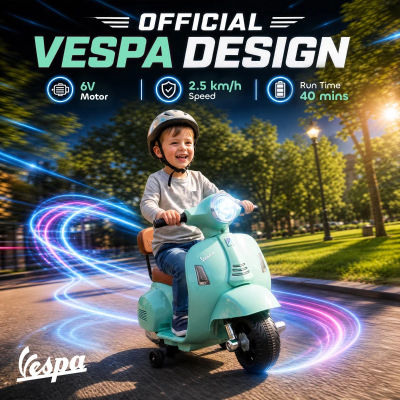 AIYAPLAY Motocicletă electrică pentru copii licențiată Mini Vespa GTS 2 roți auxiliare baterie litiu far claxon spătar Verde