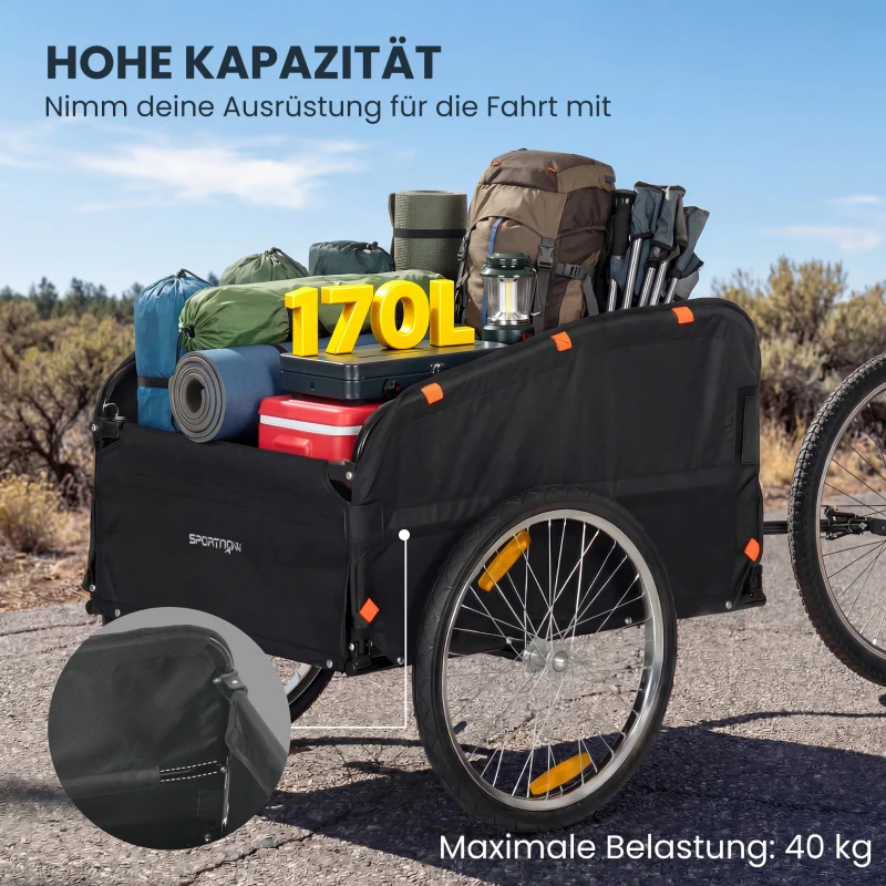 SPORTNOW Fahrradanhänger 170 Liter Fahrrad Lastenanhänger mit Kupplung Abdeckplane 51 cm Schnellspannend Luftreifen bis 40 kg