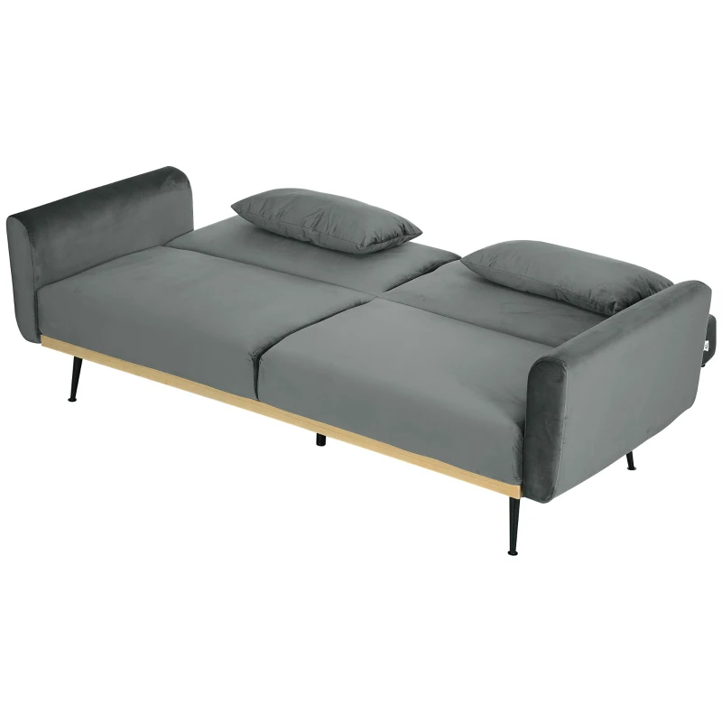 HOMCOM Divano Letto 3 Posti con Design Clic Clac e 2 Cuscini, in Tessuto Effetto Velluto, 206x81x83 cm, Grigio